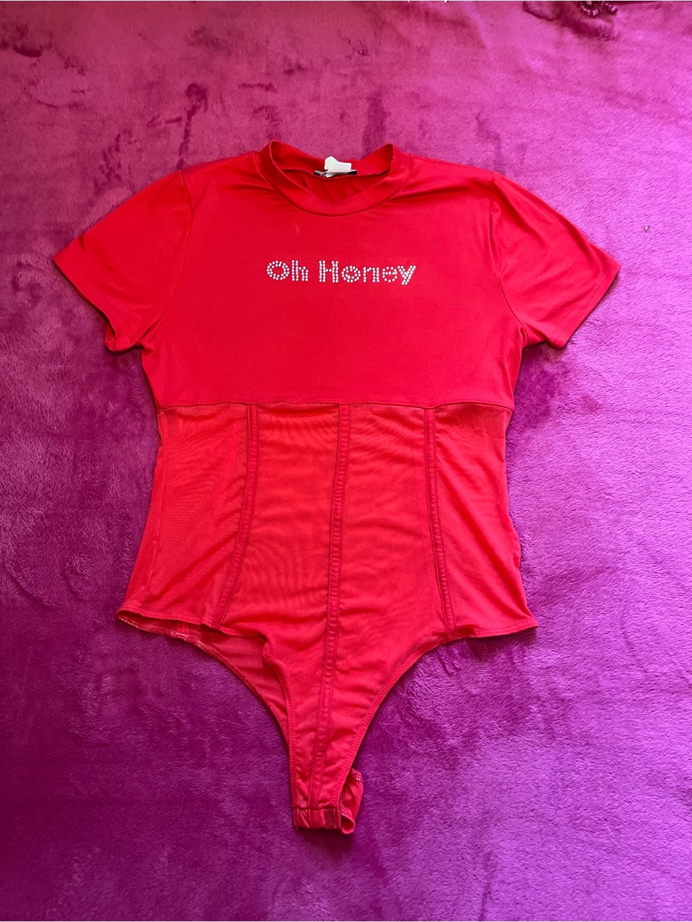 Fashion Nova “Oh Honey” Rhinestone Red Mesh Bodysuit